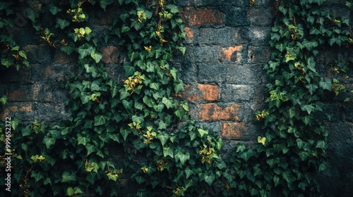 Vintage Brick Wall Covered in Curly Ivy, Gothic Architectural Detail