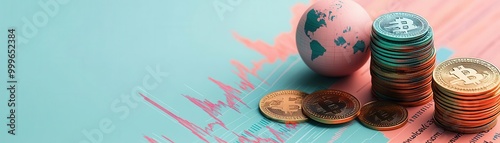 Vibrant composition of coins and a globe, showcasing the concept of digital currency and global finance. photo