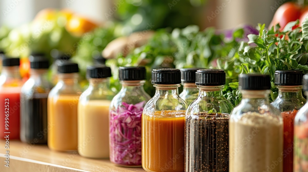 A variety of colorful sauces and fresh ingredients arranged on a table for culinary use.