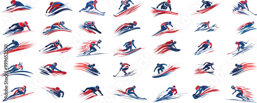 A comprehensive set of winter Olympic game icons showcasing various snow sports and activities