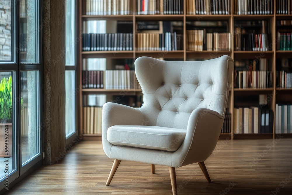 Luxurious Contemporary Library Interior with Cozy Armchair, Bookshelf and Wooden Parquet Floor Luxurious Contemporary Library Interior with Cozy Armchair, Bookshelf and Wooden Parquet Floor