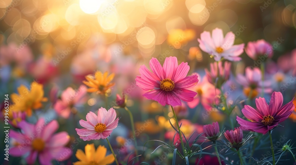 Flower field in sunlight, spring or summer garden background in closeup macro view or flowers meadow field in morning light Flower field in sunlight, spring or summer garden background in closeup macro view or flowers meadow field in morning light
