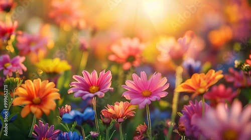 Flower field in sunlight, spring or summer garden background in closeup macro view or flowers meadow field in morning light