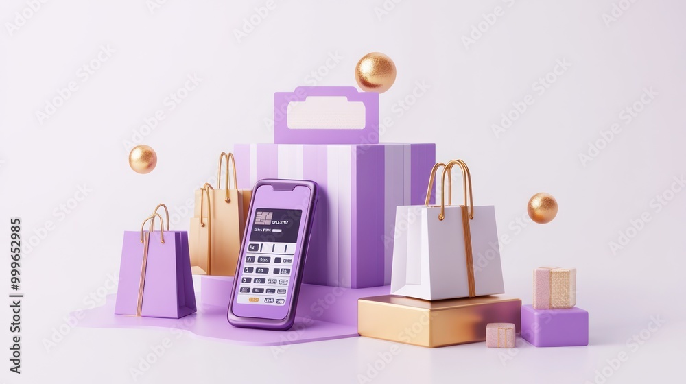 A digital shopping scene with gifts, bags, and a smartphone for online purchases. A digital shopping scene with gifts, bags, and a smartphone for online purchases.