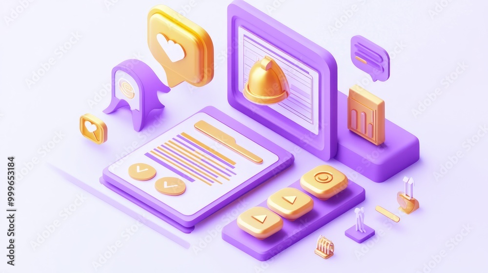 3D illustration of digital tools and icons for technology and communication.