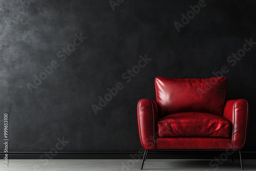 Modern Living Room Interior with Black Tones featuring Red Leather Armchair