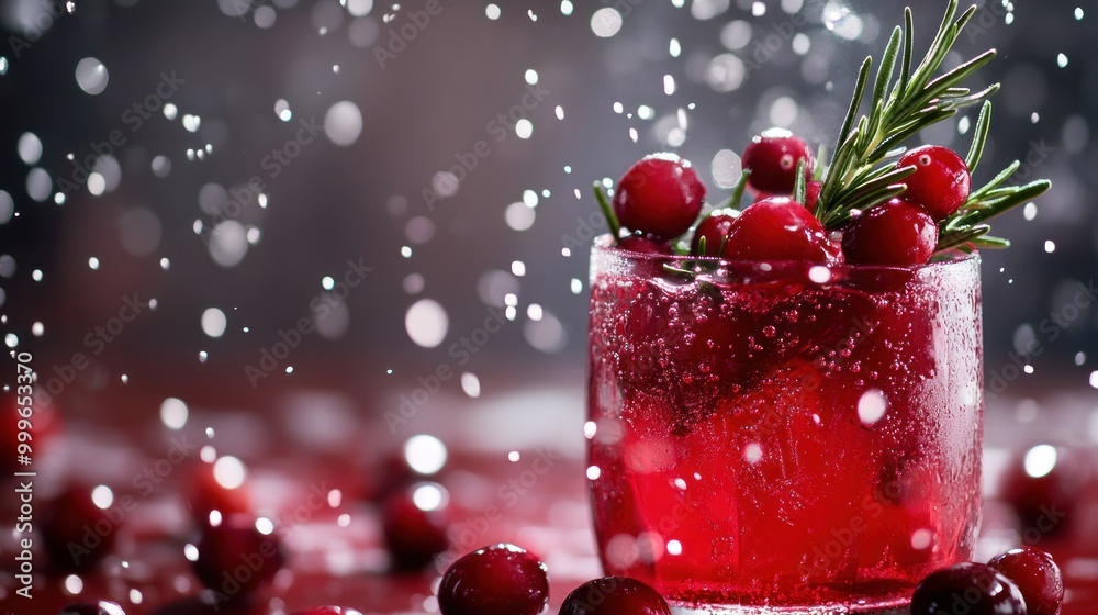 A festive drink garnished with cranberries and rosemary, surrounded by a snow-like effect. A festive drink garnished with cranberries and rosemary, surrounded by a snow-like effect.