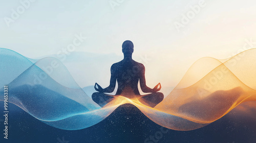 a person meditates, waves, energy frequencies, energy emanate from him blue, gray, gold tones.