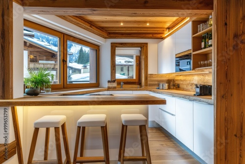 Elegant Kitchen Corner with Contemporary Design and Wooden Bar Stools