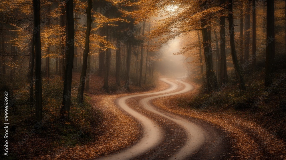 Obraz premium A winding road through a misty autumn forest, surrounded by colorful foliage.