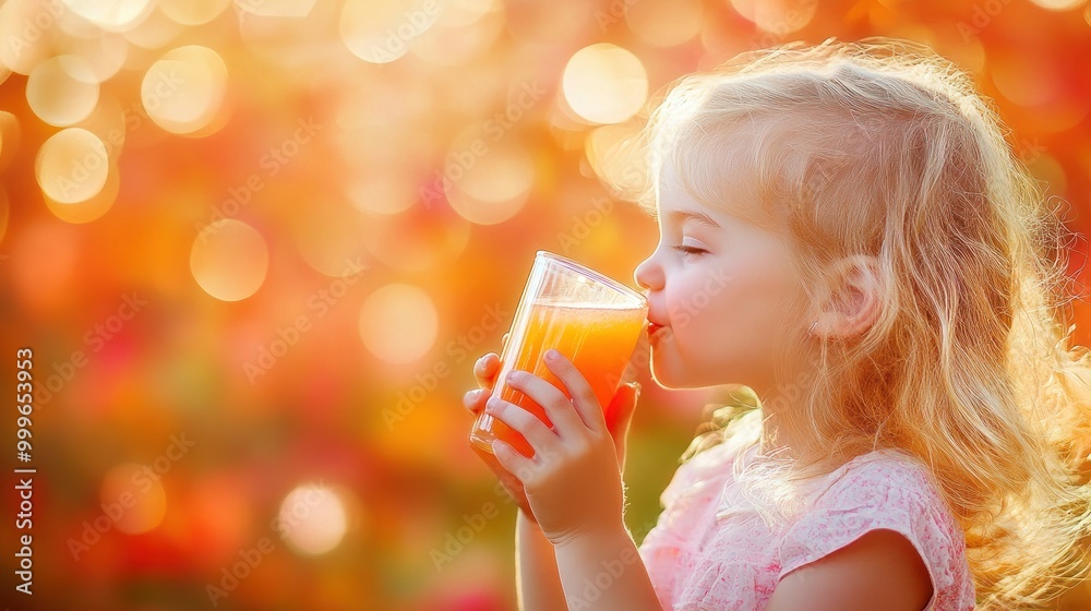 A young girl enjoying a refreshing drink in a vibrant, colorful outdoor setting. A young girl enjoying a refreshing drink in a vibrant, colorful outdoor setting.