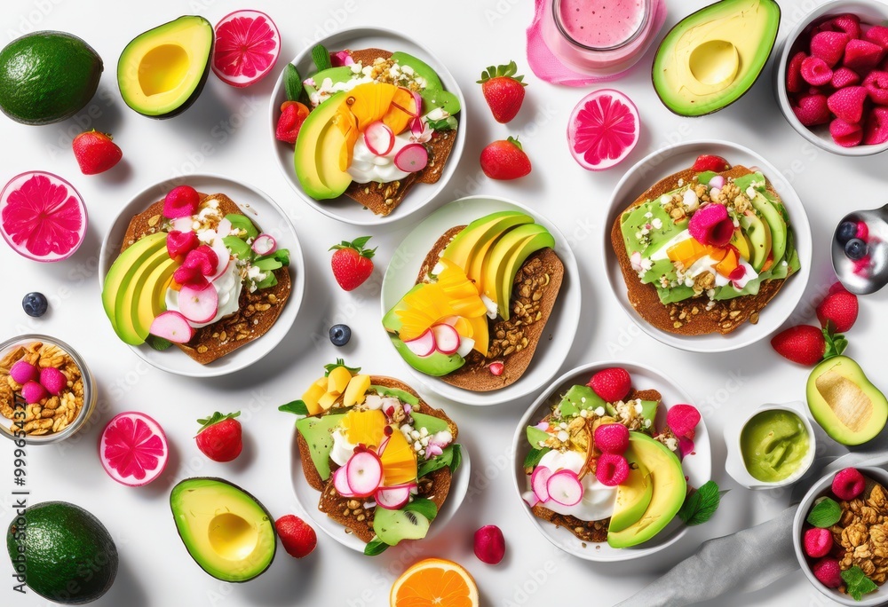 colorful flat lay composition featuring trendy food icons like avocado smoothie gourmet burgers set bright background, toast, bowl, pastry, salad, sushi colorful flat lay composition featuring trendy food icons like avocado smoothie gourmet burgers set bright background, toast, bowl, pastry, salad, sushi