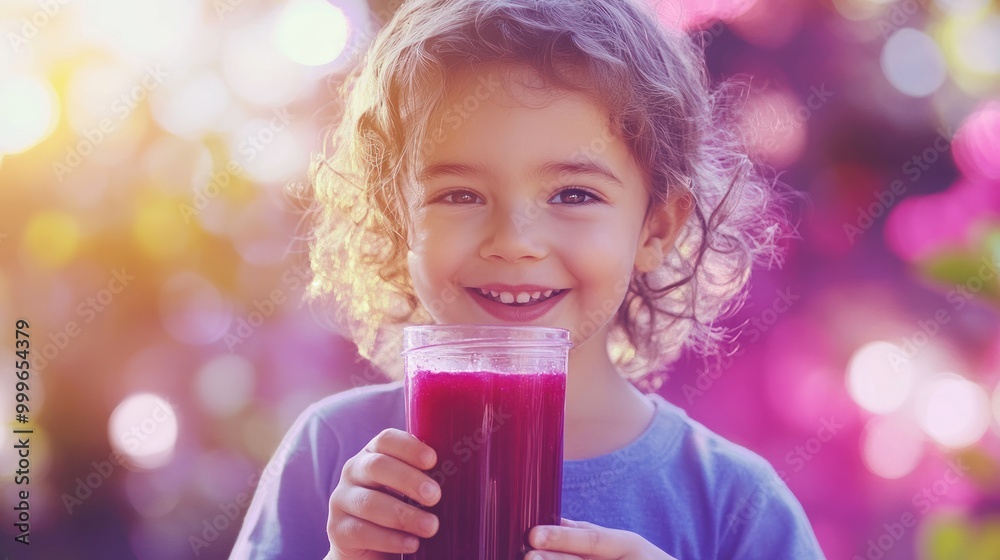 A joyful child holding a glass of purple juice, smiling in a vibrant outdoor setting. A joyful child holding a glass of purple juice, smiling in a vibrant outdoor setting.