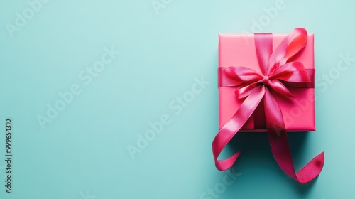 A pink gift box with a ribbon on a light blue background, symbolizing celebration and surprise.