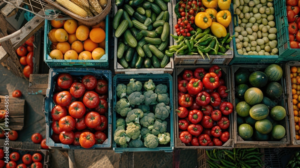 Assortment of fresh fruits and vegetables displayed in wooden crates at a market stall.