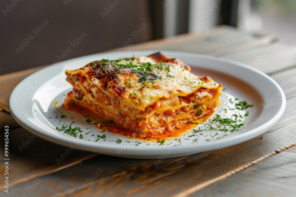 A plate of lasagna served on a rustic wooden table A plate of lasagna served on a rustic wooden table