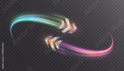 Light effect of high speed movement of light speed arrow bright glow on transparent background. Dynamic movement of high speed light energy arrow.