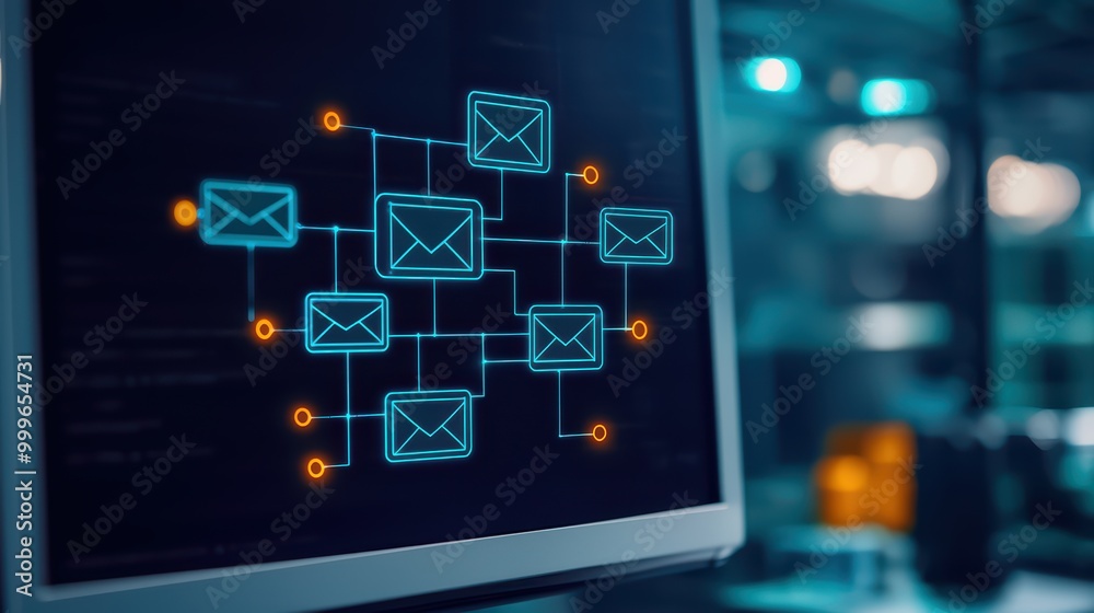 Digital interface showing email communication network on a computer screen against a blurred background. Digital interface showing email communication network on a computer screen against a blurred background.