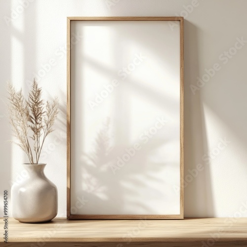 Scandinavian Style Interior Poster Mockup with Vintage Wooden Frame and Vase on Desk
