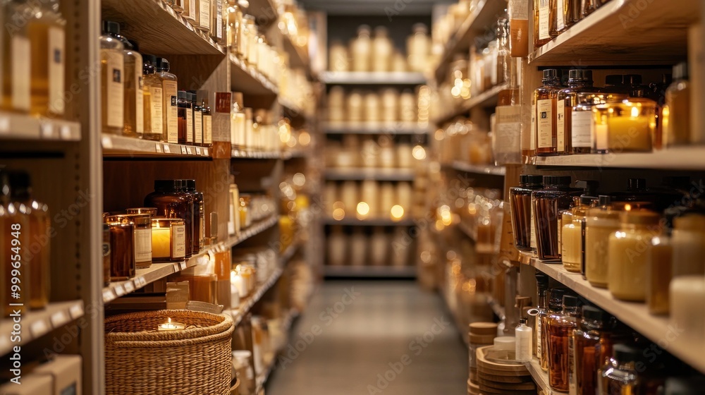 A cozy aisle filled with various candles and jars, creating a warm and inviting atmosphere. A cozy aisle filled with various candles and jars, creating a warm and inviting atmosphere.