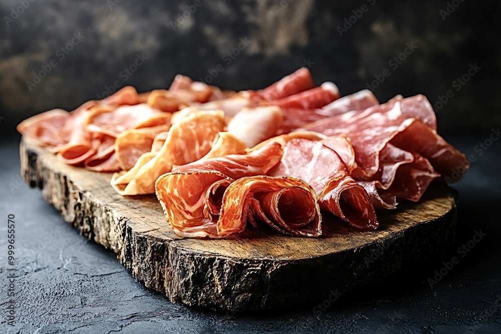Indulge in a mouthwatering meat platter with cured meats on a rustic board. Perfect for any occasion, this savory spread features salami, ham, and prosciutto Indulge in a mouthwatering meat platter with cured meats on a rustic board. Perfect for any occasion, this savory spread features salami, ham, and prosciutto