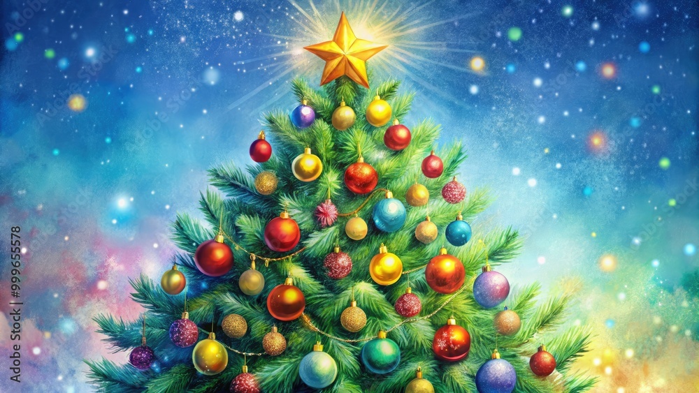 Charming hand-drawn Christmas tree adorned with vibrant ornaments and a sparkling star on top, perfect for bringing festive cheer to your holiday celebrations. Charming hand-drawn Christmas tree adorned with vibrant ornaments and a sparkling star on top, perfect for bringing festive cheer to your holiday celebrations.