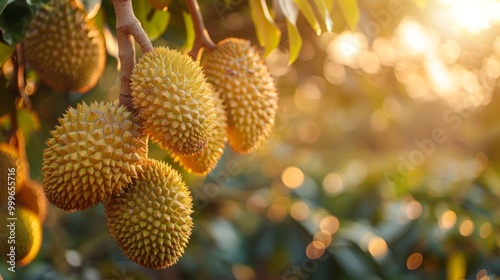 Fresh musang king durian on tree in orchard, tropical fruit.