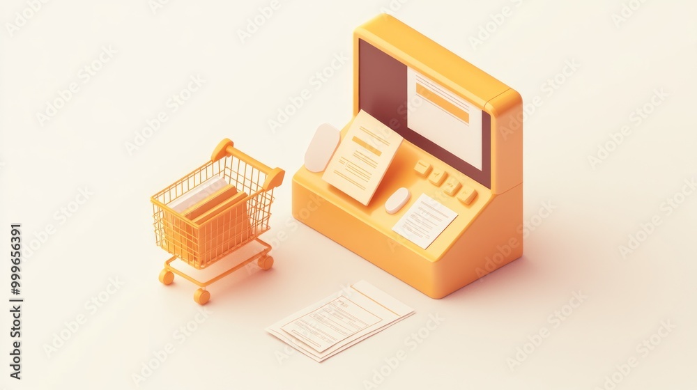 A stylized checkout kiosk with a shopping cart and receipts. A stylized checkout kiosk with a shopping cart and receipts.