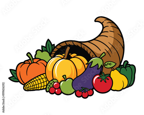 Cornucopia with Vegetables and Pumpkins Illustration