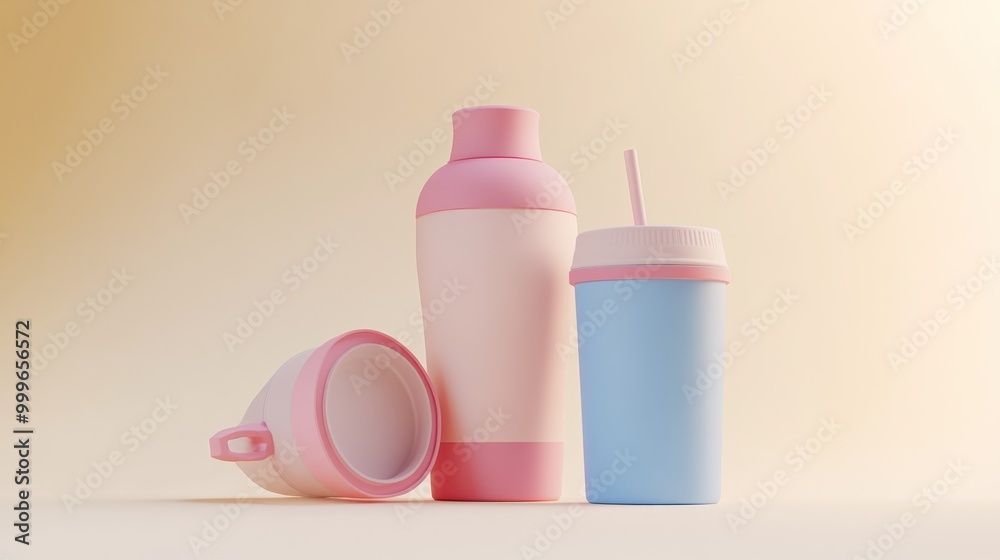 A collection of colorful drink containers in pink and blue, designed for beverages.