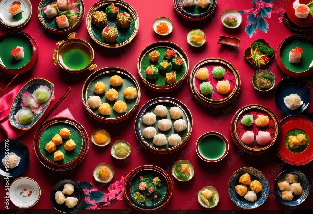 vibrant array dim sum dishes artfully displayed colorful tableware delightful dining experience, appetizers, bamboo, buffet, bites, bowls, chopsticks vibrant array dim sum dishes artfully displayed colorful tableware delightful dining experience, appetizers, bamboo, buffet, bites, bowls, chopsticks