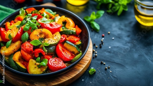 A vibrant dish of roasted vegetables placed on a wooden board, surrounded by fresh herbs and olive oil, ready to be served. --ar 16:9 --personalize izlewhw