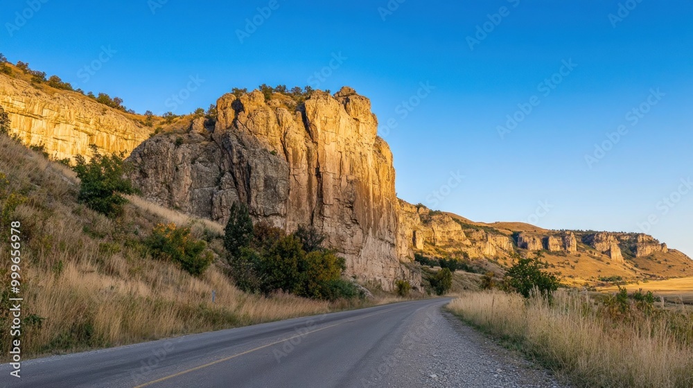 A scenic road winding through rocky cliffs under a clear blue sky. A scenic road winding through rocky cliffs under a clear blue sky.