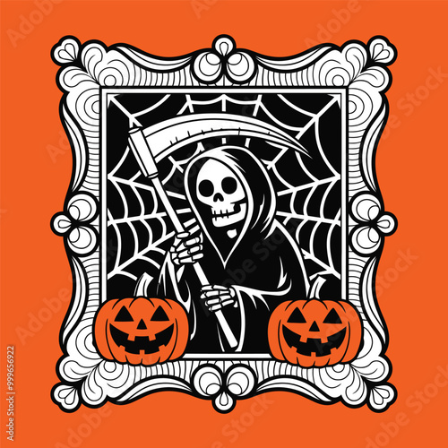 Grim Reaper Halloween Illustration with Pumpkins and Spider Web Frame