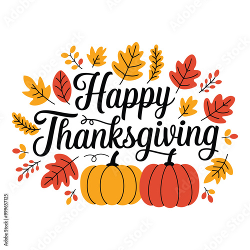 Happy Thanksgiving greeting card with orange pumpkins and autumn leaves illustration