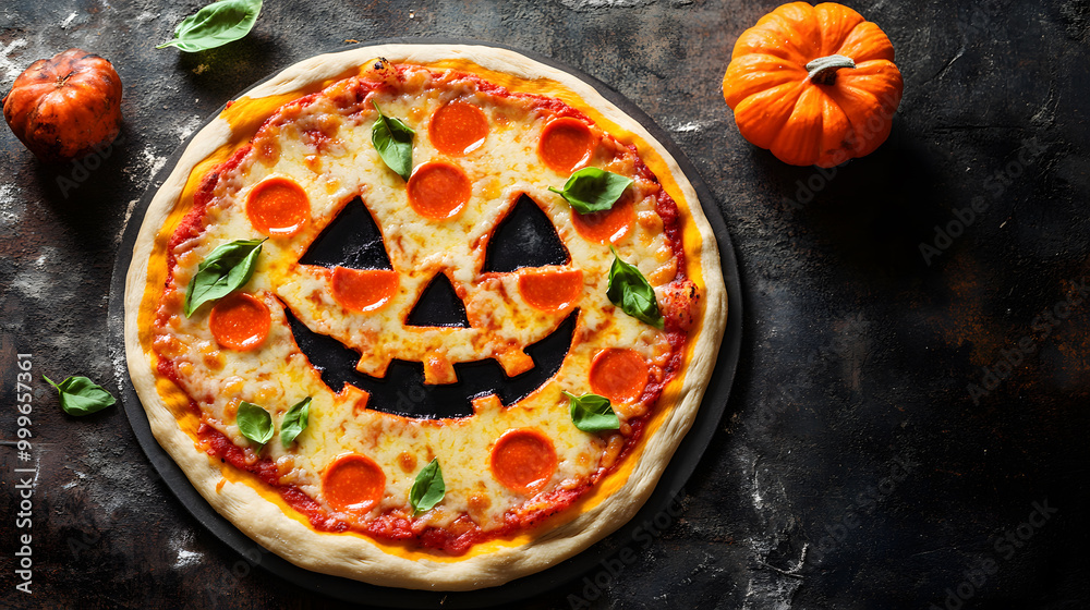 Halloween pizza with a spooky pumpkin smiling face. Overhead view on grey table Halloween pizza with a spooky pumpkin smiling face. Overhead view on grey table