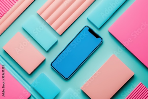 Modern smartphone with blue screen on colorful geometric background, abstract design, creative aesthetic.