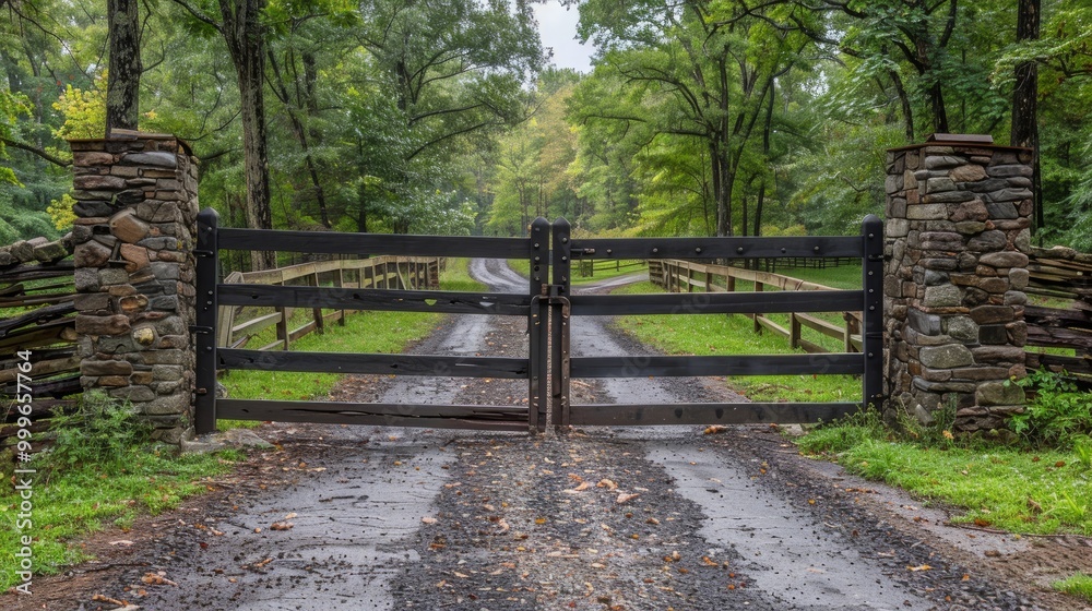 Gated open entrance with road driveway in rural countryside in Virginia estate with stone fence and gravel dirt path street with green lush trees in summer 