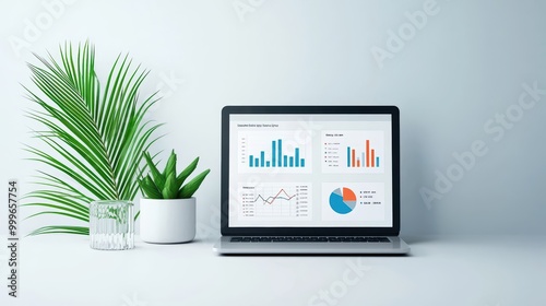 Modern workspace with laptop displaying data analytics, surrounded by green plants and a minimalistic design.