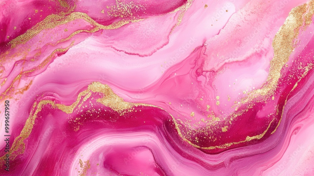 Abstract Magenta and Pink Art with Swirling Marble and Glittering Gold. Beautiful Organic Modern Wallpaper Design