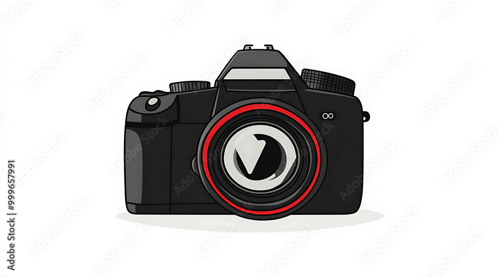A black DSLR camera with a red lens ring on a white background. A black DSLR camera with a red lens ring on a white background.