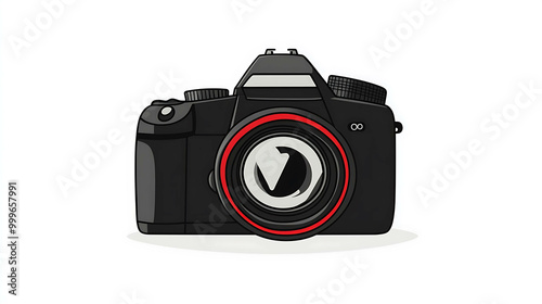 A black DSLR camera with a red lens ring on a white background.