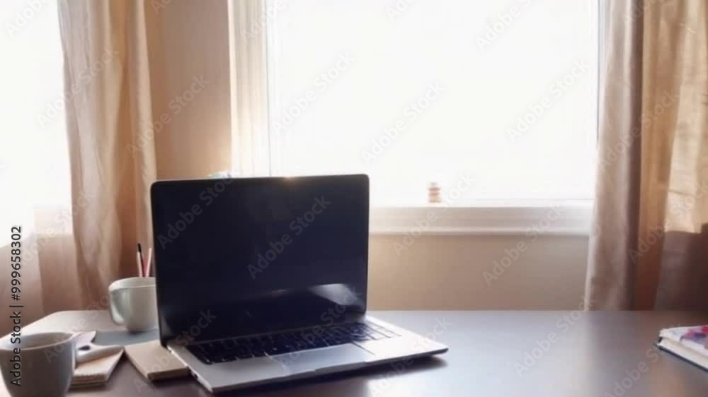 Minimalist Home Office Desk Setup with Laptop, Coffee Mug, and Art Supplies in Natural Light Minimalist Home Office Desk Setup with Laptop, Coffee Mug, and Art Supplies in Natural Light
