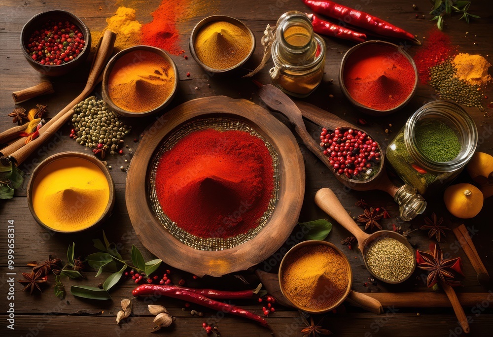 vibrant spice palette displayed rustic wooden table surrounded colorful spices kitchen utensils inviting culinary experience, aromatic, basket, bowl, bright vibrant spice palette displayed rustic wooden table surrounded colorful spices kitchen utensils inviting culinary experience, aromatic, basket, bowl, bright
