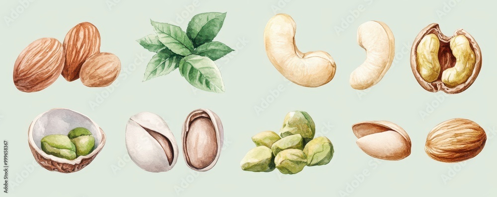 Watercolor painting set of nuts,pistachios,Almond,cashew nuts,hazelnut,Different types of nut isolated,food clipart,Macro concept of nuts and seeds,nut collection,space for text.