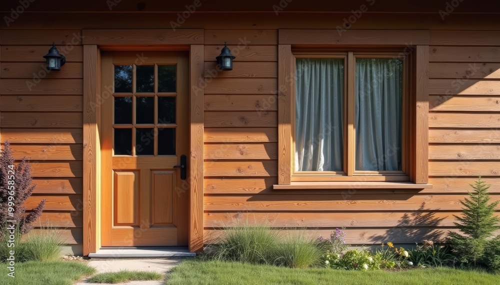 Cozy Cabin Entrance with Wooden Door and Window Cozy Cabin Entrance with Wooden Door and Window