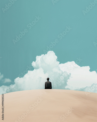 Businessman sitting on the top of a sand dune with clouds in the sky. Concept of loneliness. Generative AI
