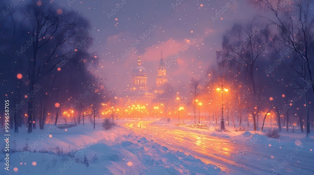 city street aglow with streetlights reflecting off fallen snow a peaceful ambiance enveloping the scene silhouettes of buildings loom in the background soft blues and whites blend harmoniously city street aglow with streetlights reflecting off fallen snow a peaceful ambiance enveloping the scene silhouettes of buildings loom in the background soft blues and whites blend harmoniously