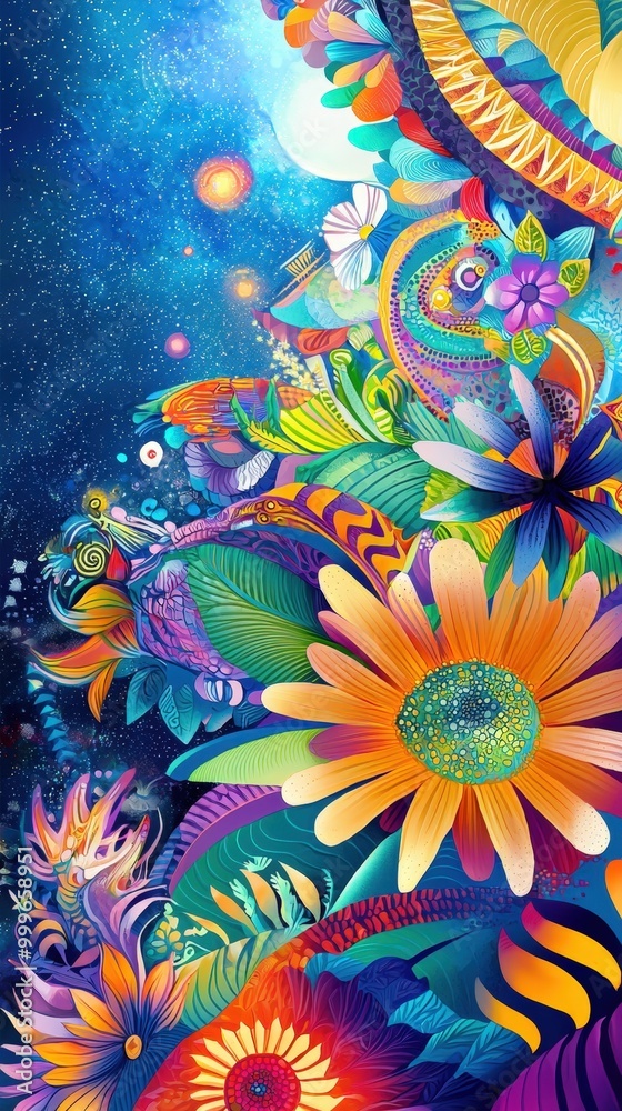 Vibrant jungle of colors featuring flowers and wildlife amidst a cosmic backdrop Vibrant jungle of colors featuring flowers and wildlife amidst a cosmic backdrop
