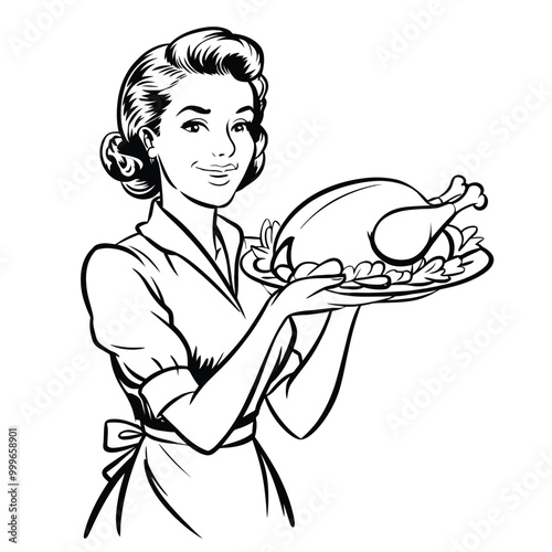 Retro Cartoon Woman Serving Roast Turkey Illustration